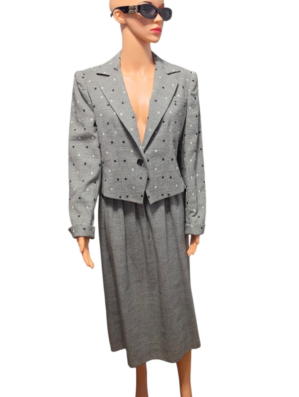David Hayes For Neiman Marcus Wool Houndstooth Skirt Vintage Suit Set Sz 12